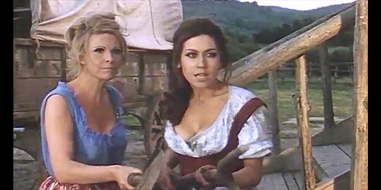 Ivana Novak as Maud (right) with her friend Katy resort to a pitchfork and shovel to chase off Johnny in The Beast (1970)