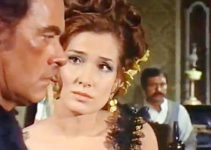 John Ireland as Jones and Annabella Incontrera (Pam Stevenson) as Maggie, facing trouble in her saloon in Challenge of the McKennas (1970)