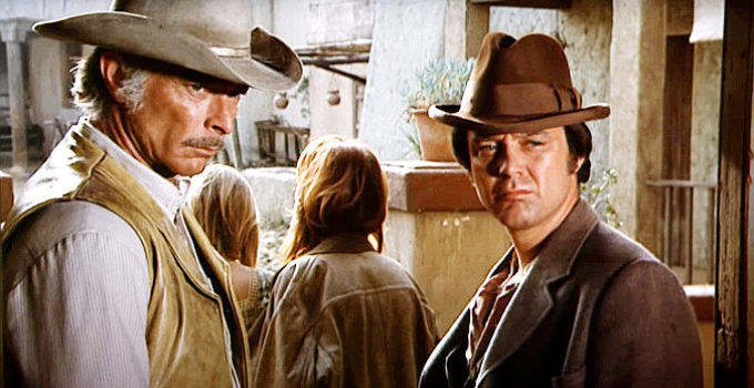 Lee Van Cleef as Chris Adams with Michael Callan as Noah Forbes in The Magnificent Seven Ride! (1972)
