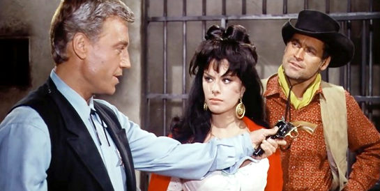 Guido Maculani (Harris Cooper) as the sheriff, with Dolores and Guitar (Carl Mohner) in The Last Gun (1964)