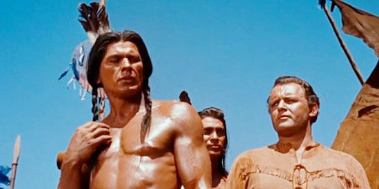 Charles Bronson as Blue Buffalo, determining whether to allow O'Meara to join the Sioux tribe in Run of the Arrow (1957)