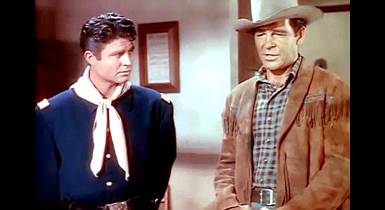 Jim Davis as Lt. Spaulding and Rod Cameron as Kirby Frye as the latter explains his mission in Cavalry Scout (1951)