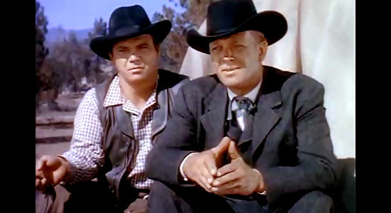 John Doucette as Varney an James Millican as Martin Gavin, en route to a Souix village with a Gatling gun in Cavalry Scout (1951)