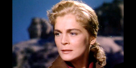 Lizabeth Scott as Chris, thinking she was running off with boyfriend Lane Waldron and caught up in a secret Confederate mission in Red Mountain (1951)