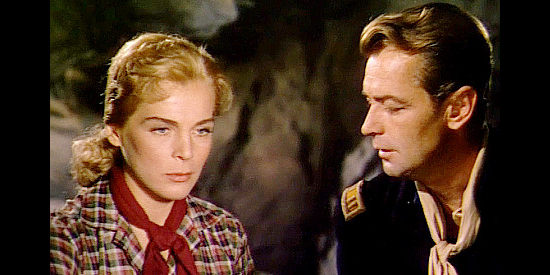 Lizabeth Scott as a Yankee girl named Chris falling for a Rebel guy named Brett Sherwood (Alan Ladd) in Red Mountain (1951)