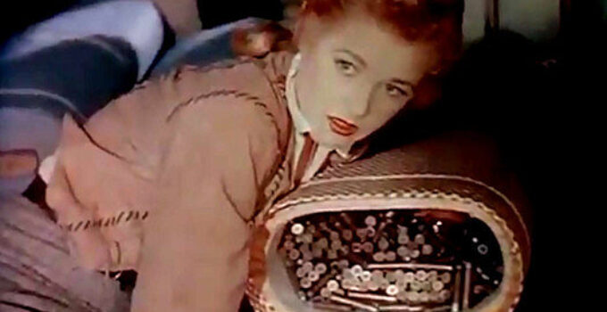 Audrey Long as Claire Conville, discovering concealed ammunition in a freight wagon in Cavalry Scout (1951)