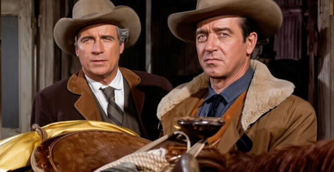 Ray Middleton as John Sutton and John Payne as Bill Mayhew in The Road to Denver (1955)