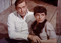 Scott Brady as Mitch Baker and Anne Bancroft as Angelita, caught in a comprising position in The Restless Breed (1957)