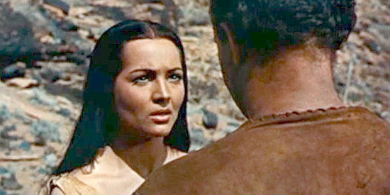 Sara Montiel as Yellow Moccasin, the Indian woman who saves and then marries O'Meara in Run of the Arrow (1957)