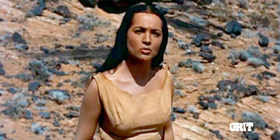 Sara Montiel as Yellow Moccasin, struggling to understand her man's rejection of his country in Run of the Arrow (1957)