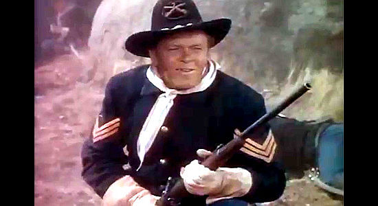 William Phillips as Sgt. Wilkins, a cavalryman who know Kiby as a Rebel captain in the Civil War in Cavalry Scout (1951)