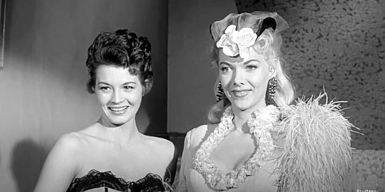 Angie Dickinson as Kitty and Barbara Lawrence as Ann, two of Nelly Bain's girls in Man with the Gun (1955)