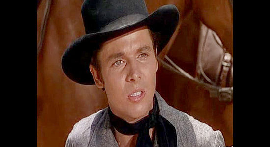 Audie Murphy as a young Jesse James, balking at the blood-thirsty nature of Quantrill's raids in Kansas Raiders (1950)