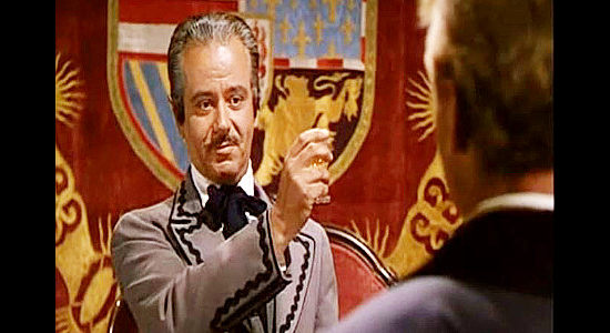 Edward Colmans as Don Juan de Veramendi, father of Ursula, questioning Jim Bowie in The Iron Mistress (1952)