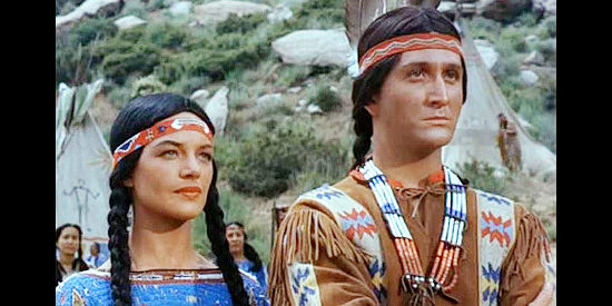 Eugene Iglesias as Grey Eagle (right) with wife Hiega (Alva Marie Lacy), listening to Red Cloud talk of peace in Jack McCall, Desperado (1954)