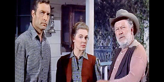 George Montgomery as Randy Burke, Diane Brewster as Martha Morse and Edgar Buchanan as Idaho, working together to save a ranch in King of the Wild Stallions (1959)