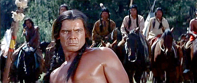 Harry Landers as Grey Wolf, Red Cloud's brother, finding gold-hunting whites on the Indians' land in The Indian Fighter (1955)