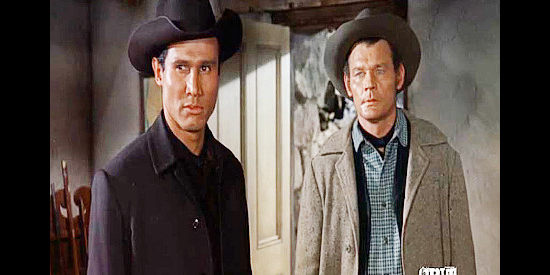 Henry Silva as Lordan and Leo Gordon as Jake Barton, two of Darcy's men, realizing their attempt to get rid of Bleeker failed in The Jayhawkers! (1959)