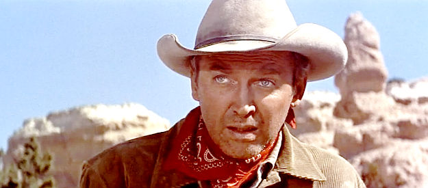 James Stewart as Will Lockhart, arriving in Coronado and encountering immediate trouble in The Man from Laramie (1955)