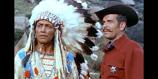 Jay SIlverheels as Red Cloud, being fooled into thinking Wild Bill Hickok (Douglas Kennedy) is his ally in Jack McCall, Desperado (1954)