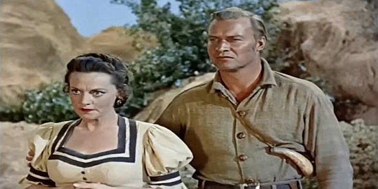 Jeanne Cagney as Cordie Hay, a pregnant woman refusing to leave husband Ruben (John Pickard) behind in Kentucky Rifle (1956)