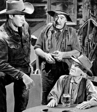 Jock Mahoney as Silver Ward Hogan, Lon Chaney Jr. as Art Birdwell and James Gleason as Henry Devers in Money, Women and Guns (1958) 