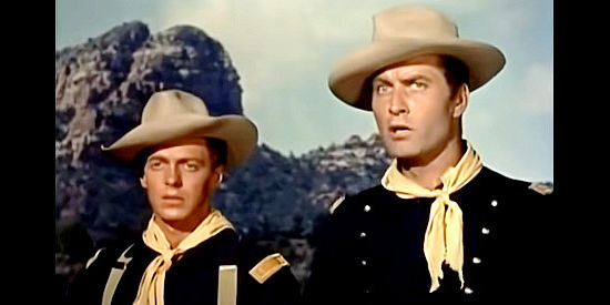 John Baer as Lt. Whitley and George Montgomery as Capt. Chase McCloud. on a detail to find Geronimo in Indian Uprising (1952)