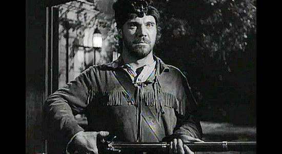 John Doucette as Sam Girty, coming face to face with a vengeance seeking Nat Cutler in The Iroquois Trail (1950)