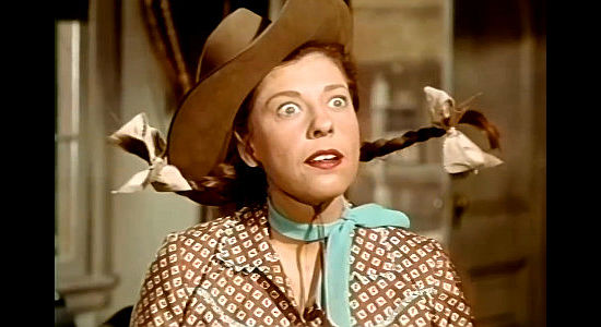 Judy Canova as Judy Canova, reacting to meeting Eureka's handsome new sheriff, Dan Fraser, in Oklahoma Annie (1952)