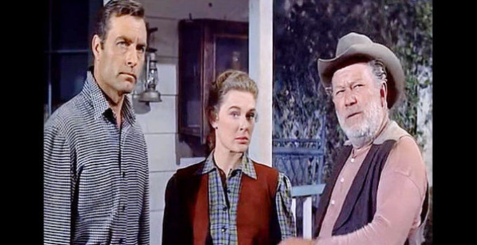 George Montgomery as Randy Burke, Diane Brewster as Martha Morse and Edgar Buchanan as Idaho, working together to save a ranch in King of the Wild Stallions (1959)