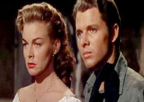 Marguerite Chapman as Kate Clark and Audie Murphy as Jesse James, trying to stand up to Quantrill in Kansas Raiders (1950)