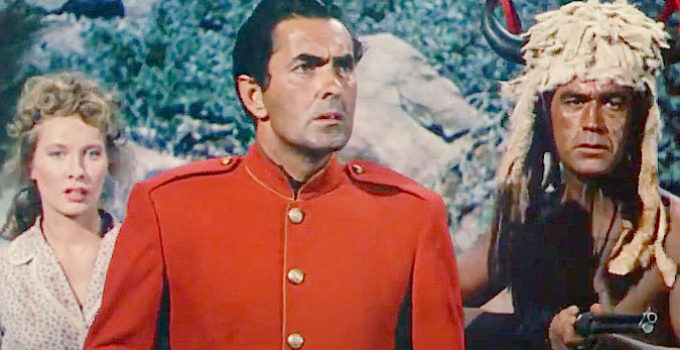 Penny Edwards as Emerald Neeley, Tyrone Power as Duncan MacDonald and Stuart Randall as Standing Bear in Pony Soldier (1952)