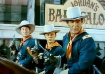 Rod Cameron as Capt. Calhoun (right) with Chill Wills as Sgt. Barhydt and Jimmy Lydon as Trooper Benton in Oh! Susanna (1951)