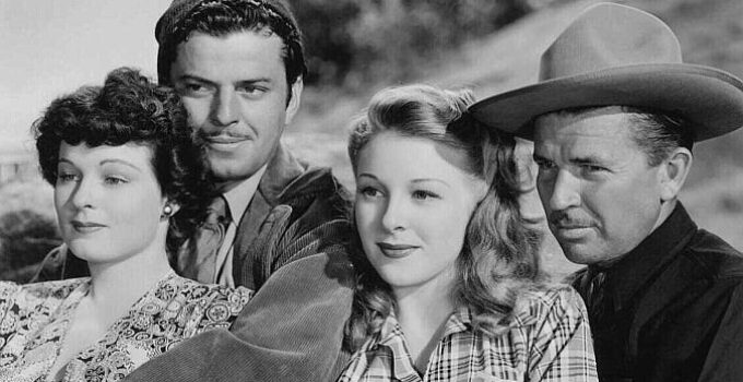 Ruth Hussey as Daisy Denton, John Carroll as Pierre, Evelyn Anders as Celia Wellsby and Bruce Cabot as Jap Durkin in Pierre of the Plains (1942)