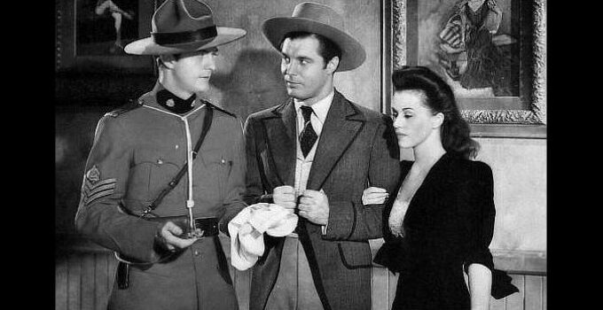 WIlliam Lundigan as Jim Gardiner, James Craig as Blackie Marshall and Patricia Dane as Jean Avery in Northwest Rangers (1942)