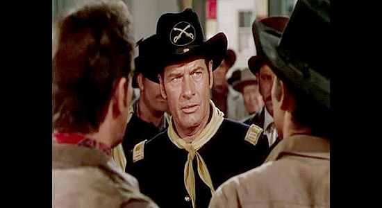 Richard Arlen as a Union captain, saving Jesse James and his friends from a lynching in Kansas Raiders (1950)