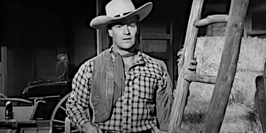 Richard Webb as Tom Bradley, a Patterson driving feeding Maroon information, partly because he hopes to marry his niece in The Phantom Stagecoach (1957)