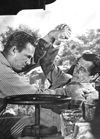 Sterling Hayden as John Nelson and Reed Hadley as Bill Quantrill in Kansas Pacific (1953)