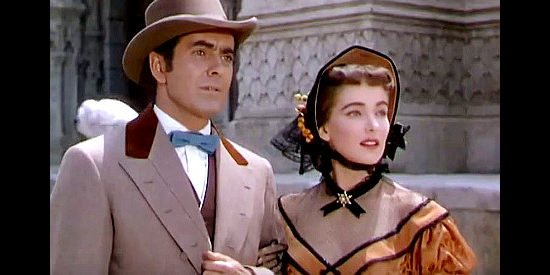 Tyrone Power as Mark Fallon and Julie Adams as Ann Conant, the woman who falls in love with him in Mississippi Gambler (1953)