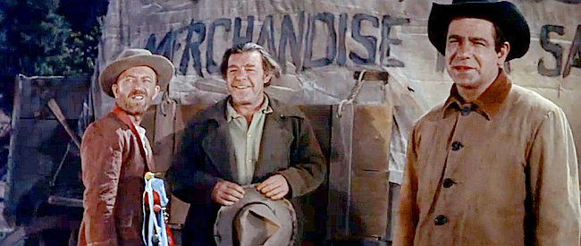 Walter Matthau (right) as Wes Todd and Lon Chaney (middle) as Chivington, two of the traders causing trouble in The Indian Fighter (1955)