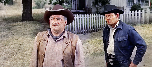 Barry Kelley as Hardy Bishop, tough as nails rancher with foreman Stark (Leo Gordon) in The Tall Stranger (1957)