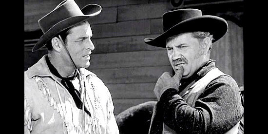 Buster Crabbe as Chad Santee with eventual fur-trapping partner Yellowstone Kelly (Walter Sande) in Gun Brothers (1956)