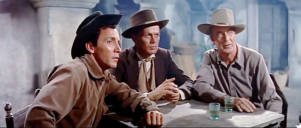 Cameron Mitchell as Luke Daly, Richard Widmark as Fiske and Gary Cooper as Hooker, about to accept Leah's offer in Garden of Evil (1954)