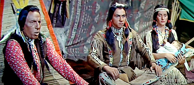 Crazy Horse (Iron Eyes Cody), Young Buffalo (Felix Gonzalez) and White Cloud (Ana Robinson Calles) pleading for help for their friends at Red Rock Agency in Sitting Bull (1954)