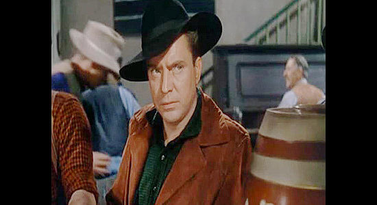 Edmund O'Brien as Larkin Moffatt, upset because Jarboe has found a way to get all his miners drunk in Silver City (1951)