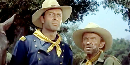 George Montgomery as Lt. Cam Elliott and William Fawcett as Cubby Crouch, trying to locate Black Cat in Seminole Uprising (1955)