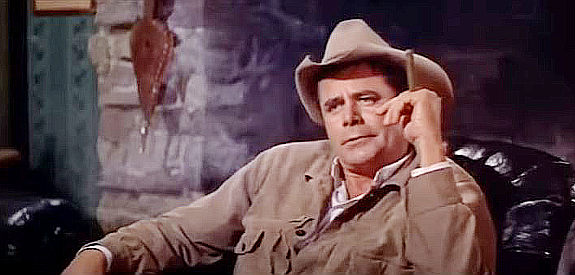 Glenn Ford as Jason Sweet, reunited with former acquaintance Col. Stephen Bedford (Leslie Nielson) in The Sheepman (1958)