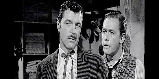 James Craig as Ep Clark and Myron Healey as Rafe Sander, two men behind the trouble in Shoot-out at Medicine Bend (1957)