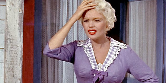 Jayne Mansfield as Kate, confused by Jonathan Tibbs when they first meet in The Sheriff of Fractured Jaw (1958)