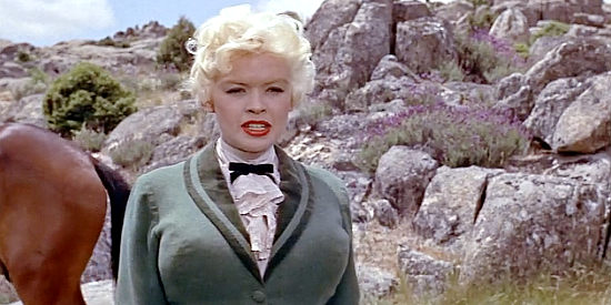 Jayne Mansfield as Kate, trying to save Jonathan from the feuding ranchers in The Sheriff of Fractured Jaw (1958)